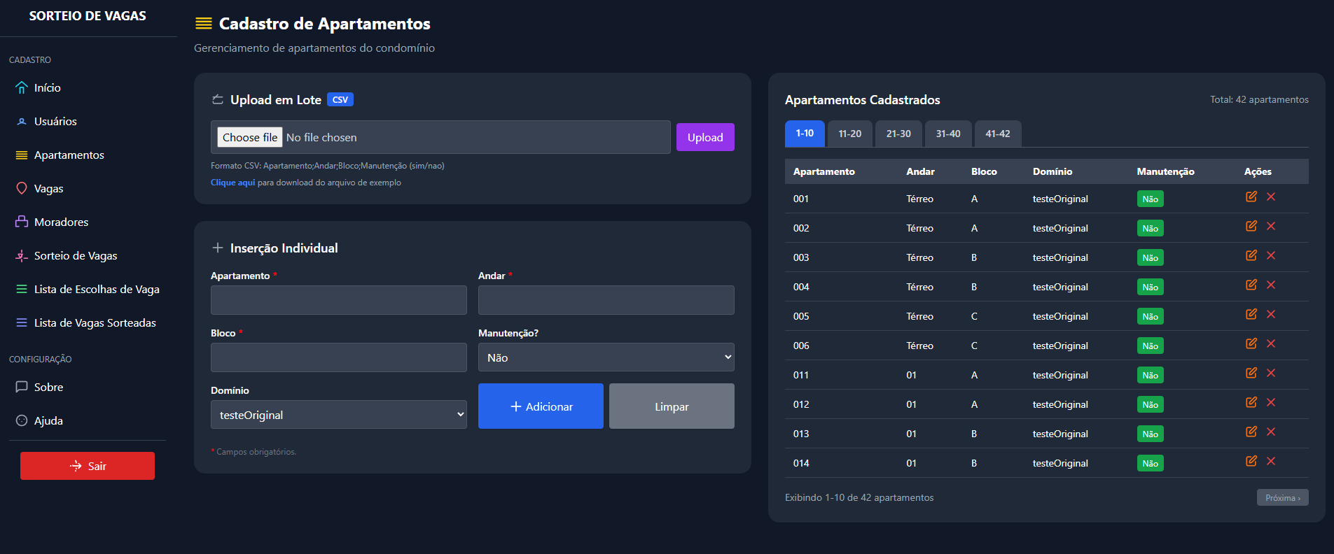 Tela de Cadastro de Apartamentos